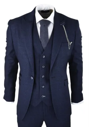 Herren 3-teiliger Anzug in Navy-Blau mit Karo-Muster im Retro-Stil