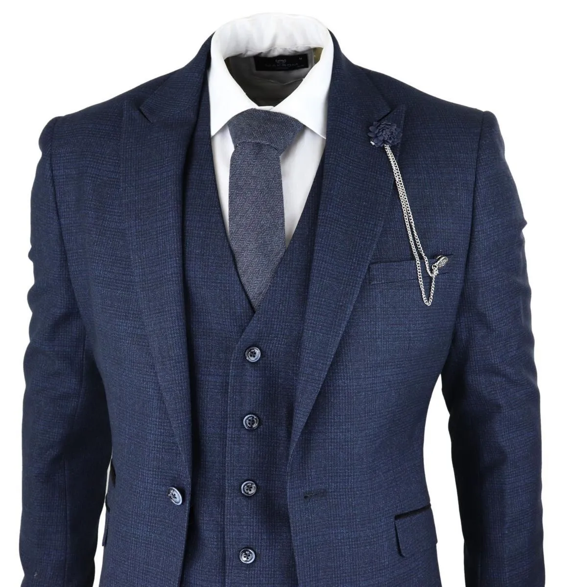 Herren 3-teiliger Anzug in Navy-Blau mit Karo-Muster im Retro-Stil