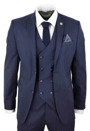 Herren 3-teiliger Retro-Anzug in Marineblau mit Nadelstreifen