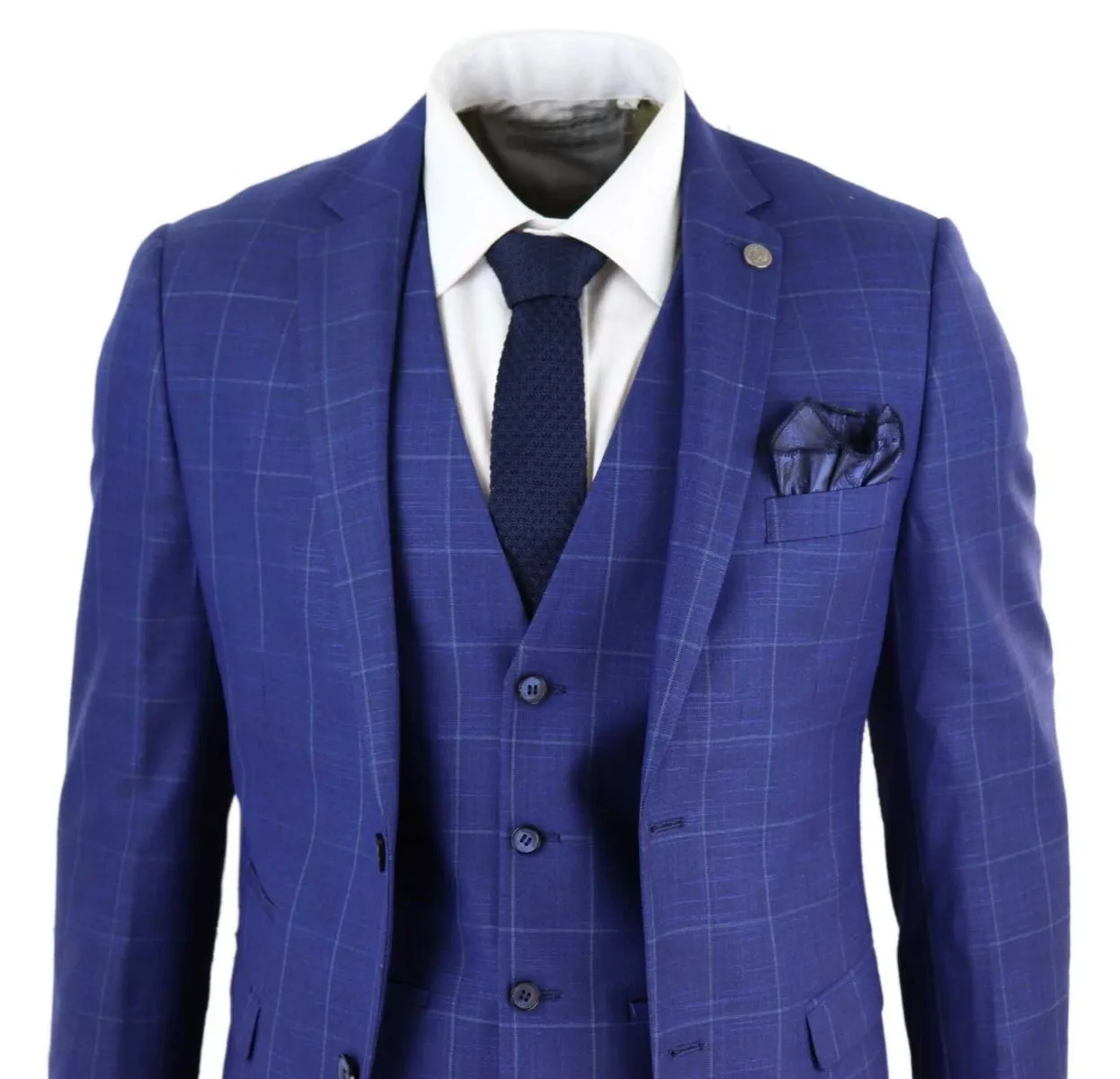 Herren 3-teiliger Royal-Blau karierter Vintage Retro Anzug