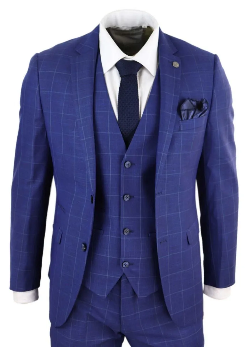 Herren 3-teiliger Royal-Blau karierter Vintage Retro Anzug