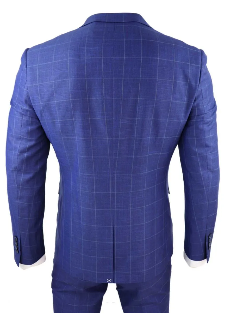 Herren 3-teiliger Royal-Blau karierter Vintage Retro Anzug