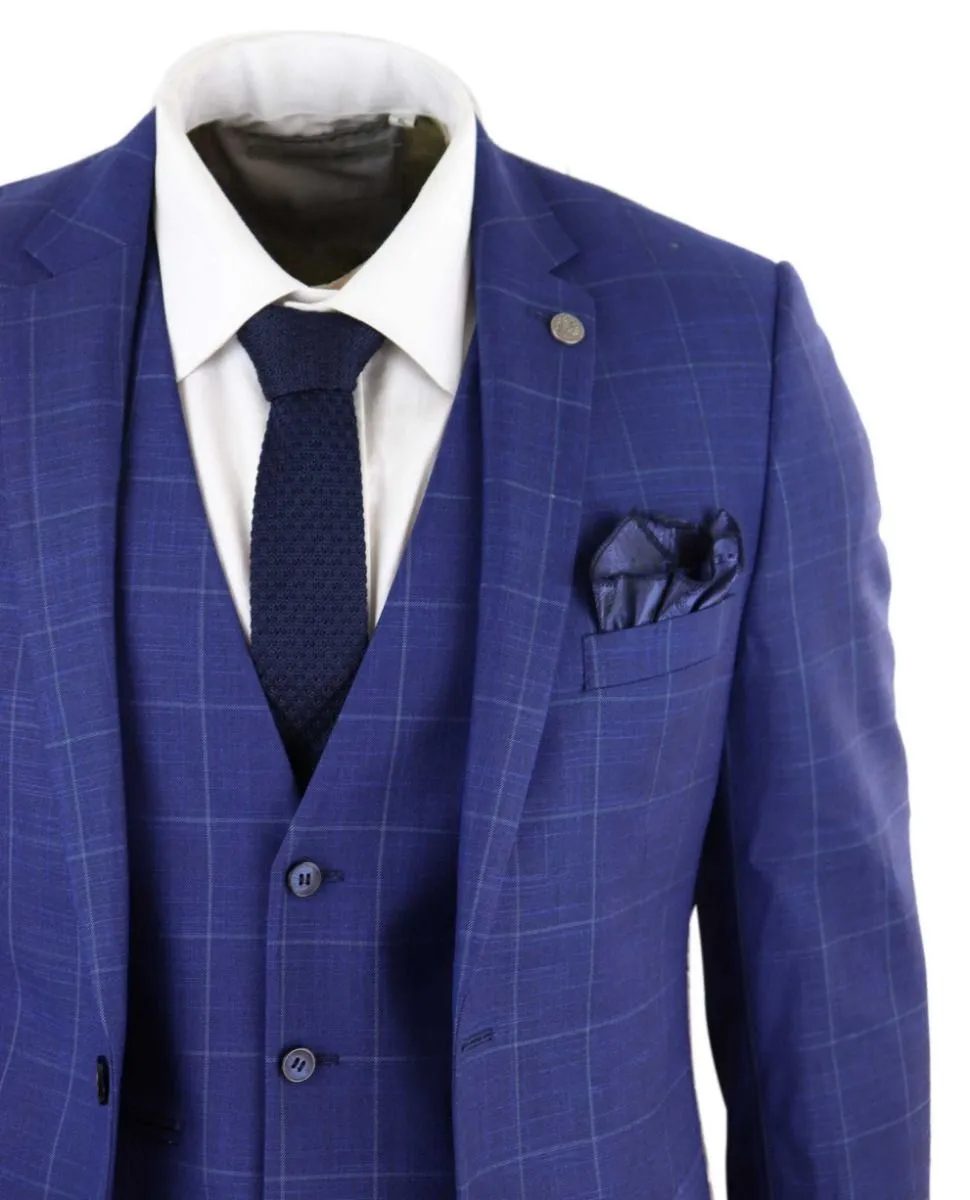 Herren 3-teiliger Royal-Blau karierter Vintage Retro Anzug