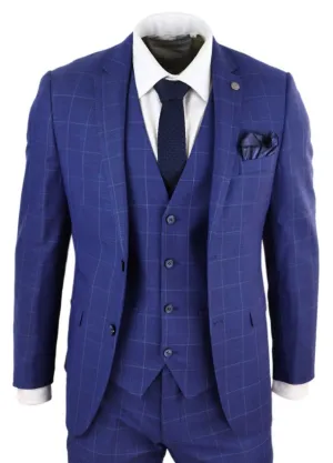 Herren 3-teiliger Royal-Blau karierter Vintage Retro Anzug