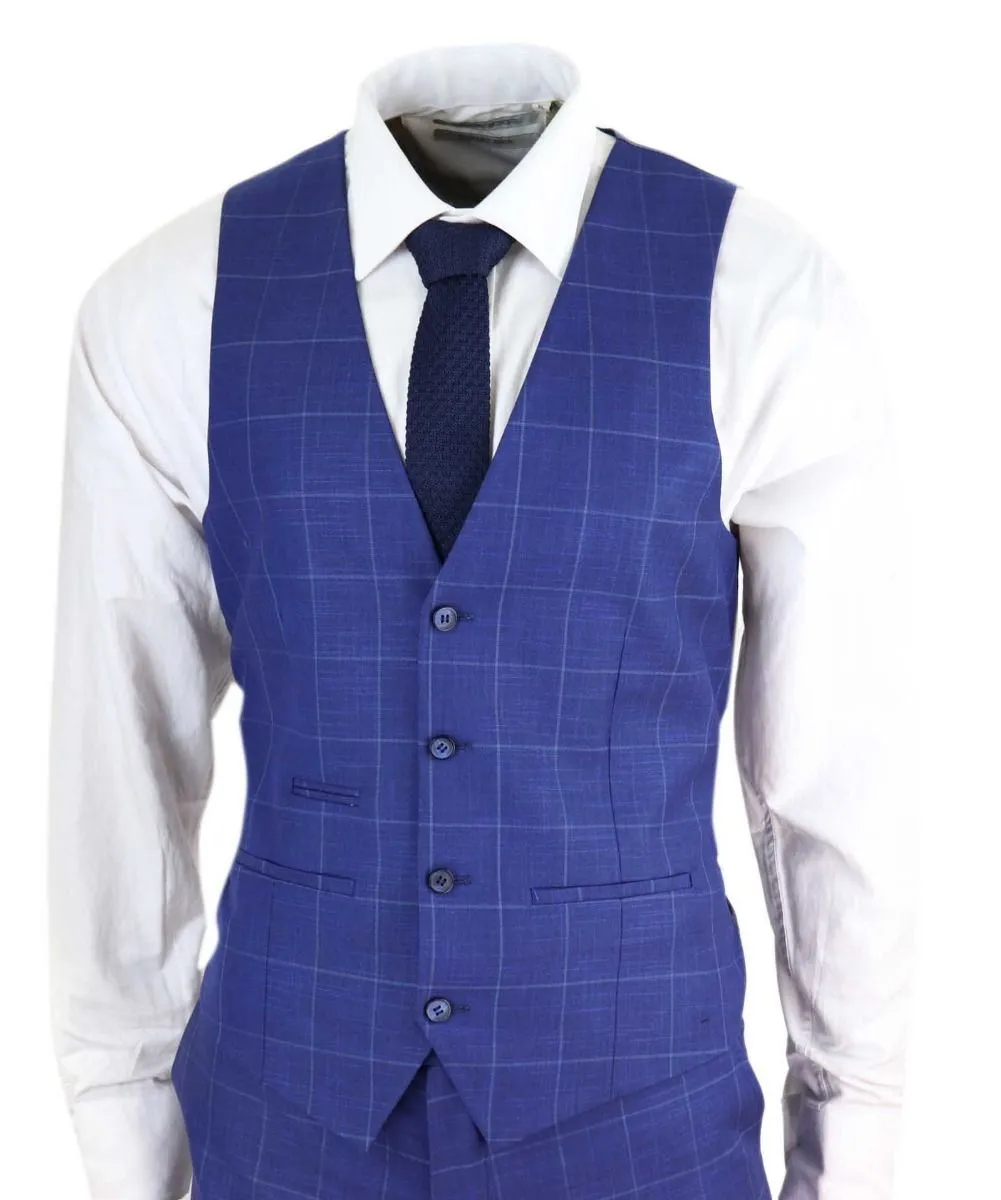 Herren 3-teiliger Royal-Blau karierter Vintage Retro Anzug