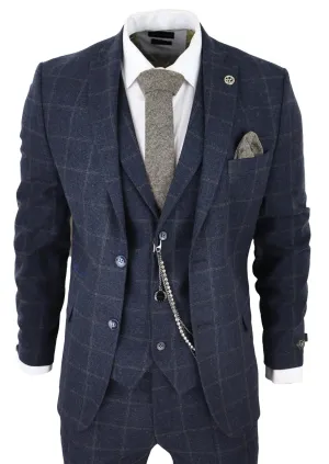 Herren 3-teiliger Wollanzug Marineblau Tweed Karo Peaky Blinders 1920 Gatsby Formal