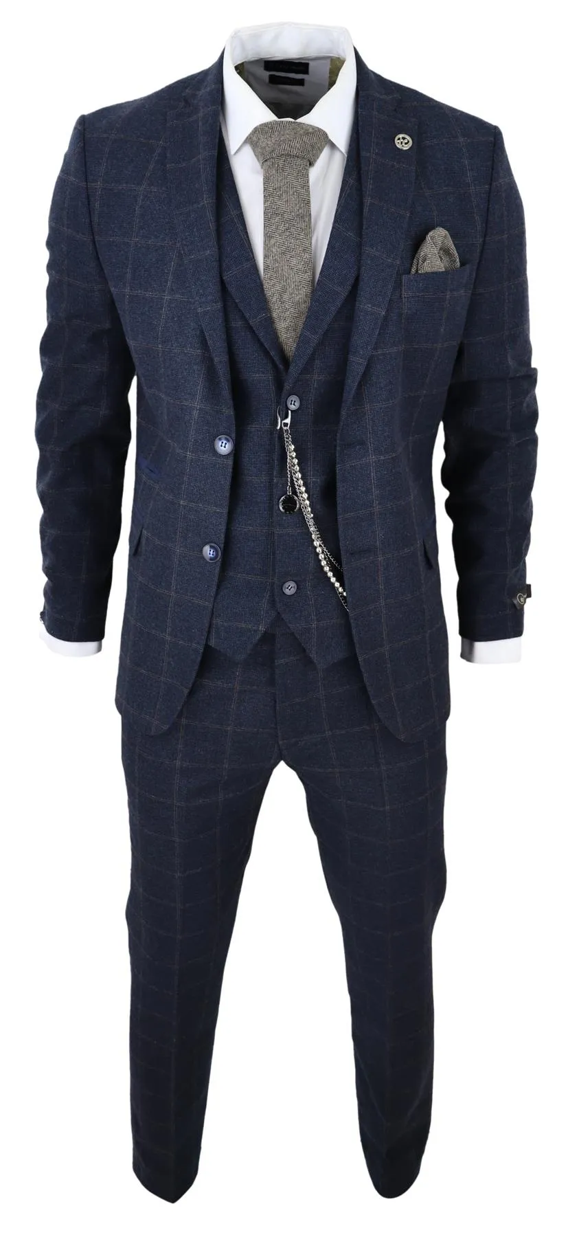 Herren 3-teiliger Wollanzug Marineblau Tweed Karo Peaky Blinders 1920 Gatsby Formal