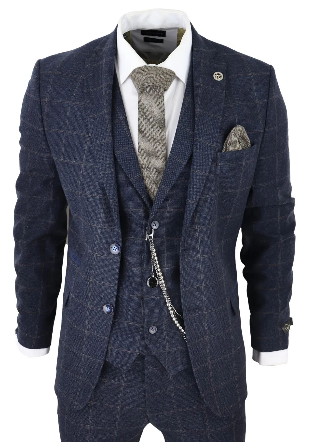 Herren 3-teiliger Wollanzug Marineblau Tweed Karo Peaky Blinders 1920 Gatsby Formal