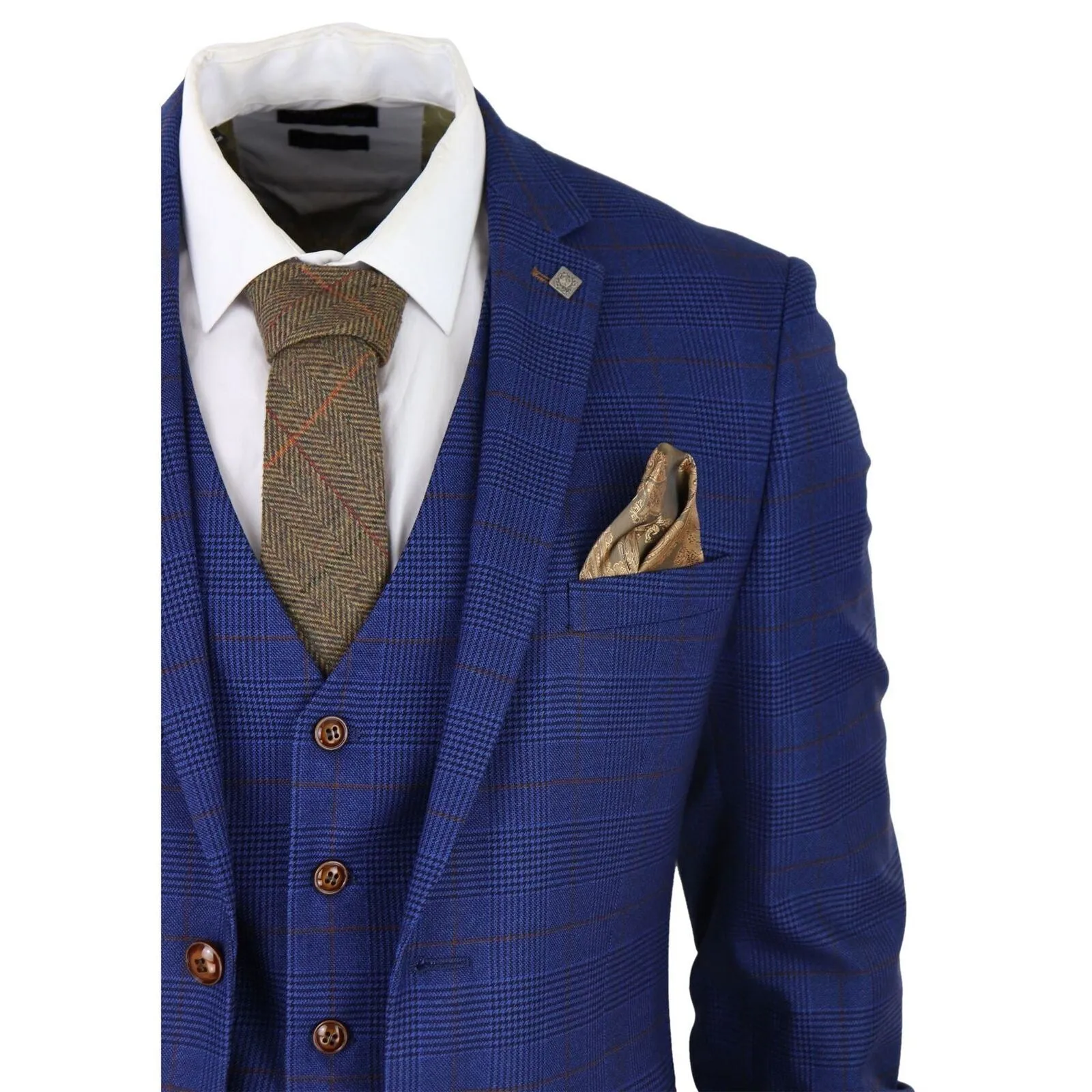 Herrenanzug in Blau und Braun mit Karomuster, 3-teilig, schlanke Passform