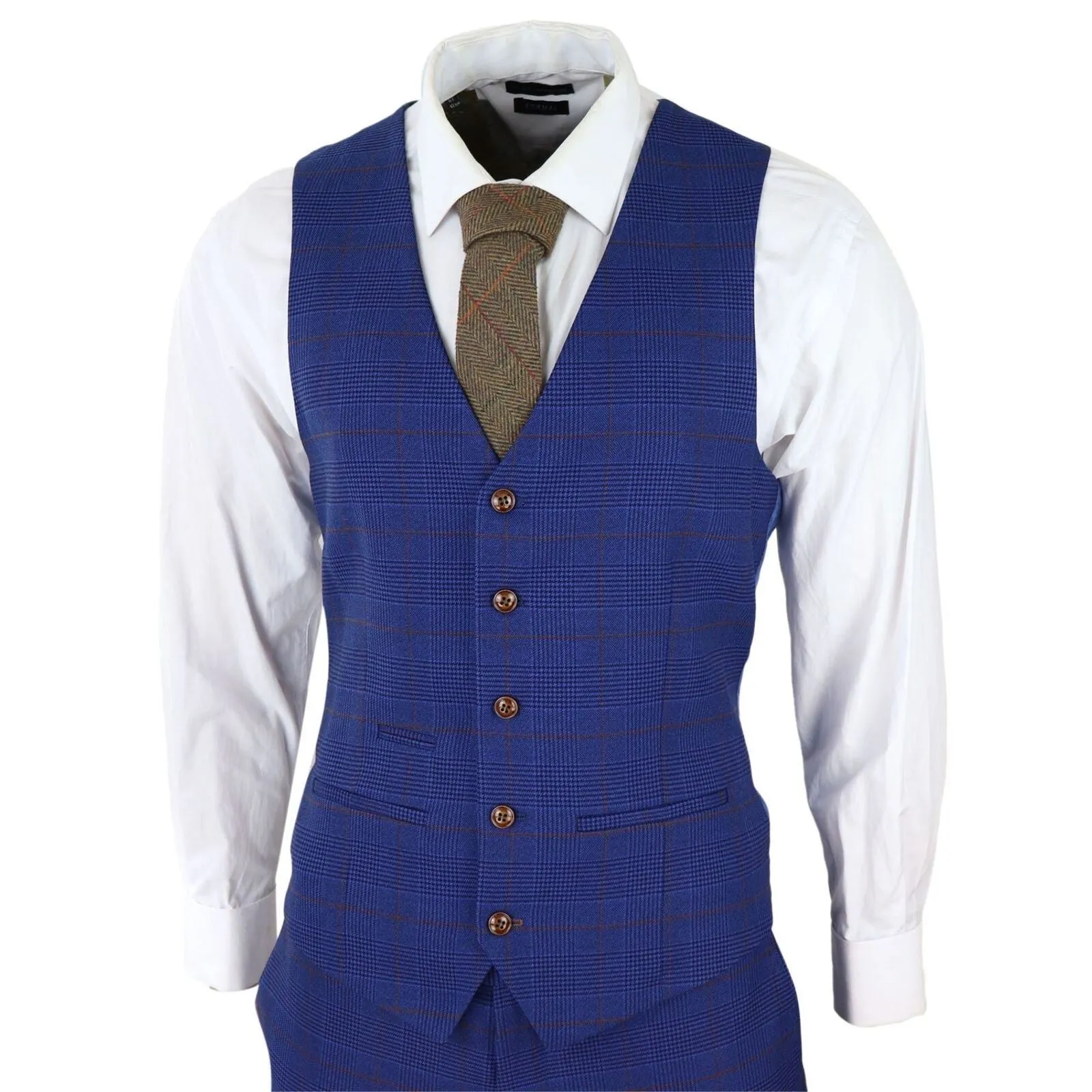 Herrenanzug in Blau und Braun mit Karomuster, 3-teilig, schlanke Passform