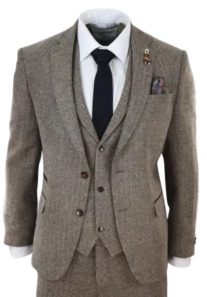 Herren Eichenbraun 3-teiliger Tweed-Anzug Vintage Fischgrät 1920er Jahre Retro Peaky Blinders