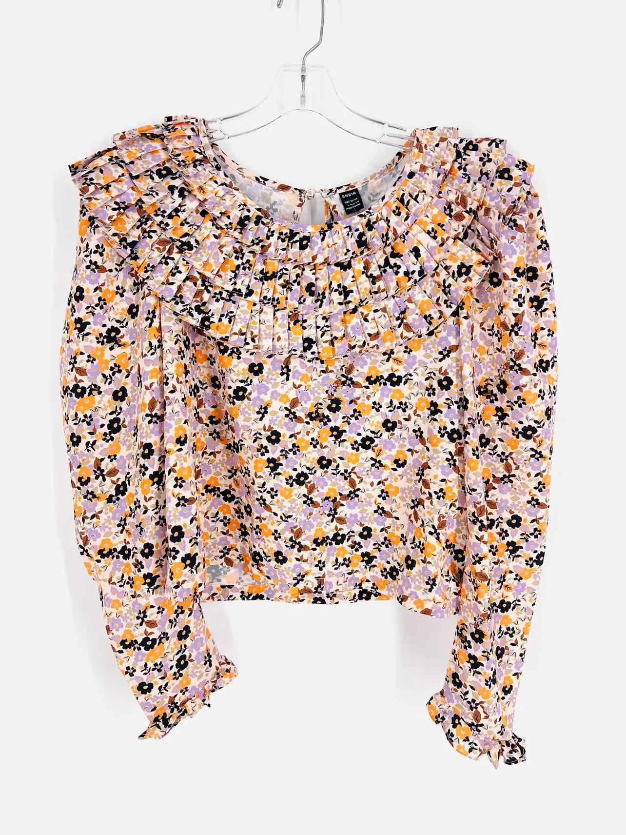 Shein Größe 8/10 Beige/Schwarz Blumenmuster Plissee-Tops Langarm