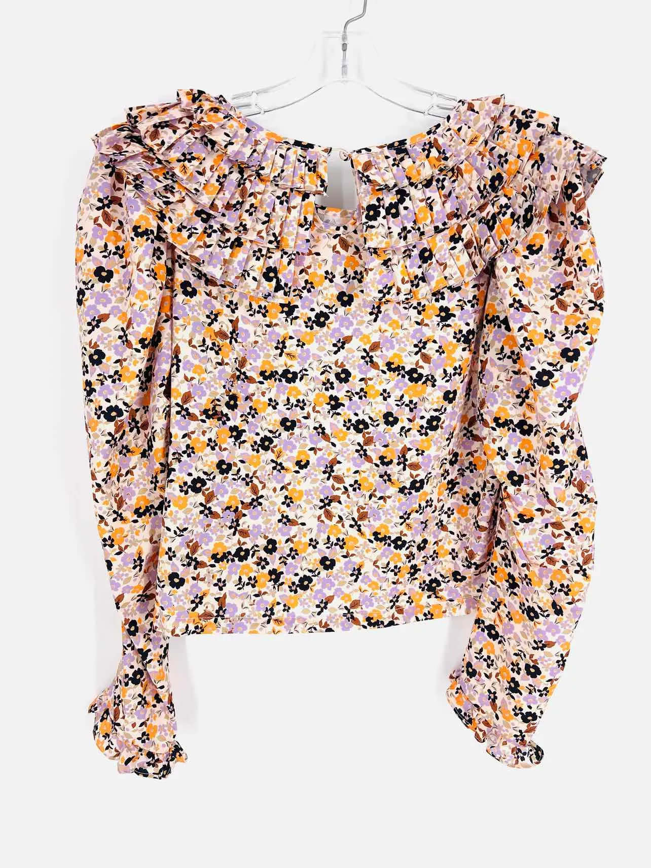 Shein Größe 8/10 Beige/Schwarz Blumenmuster Plissee-Tops Langarm