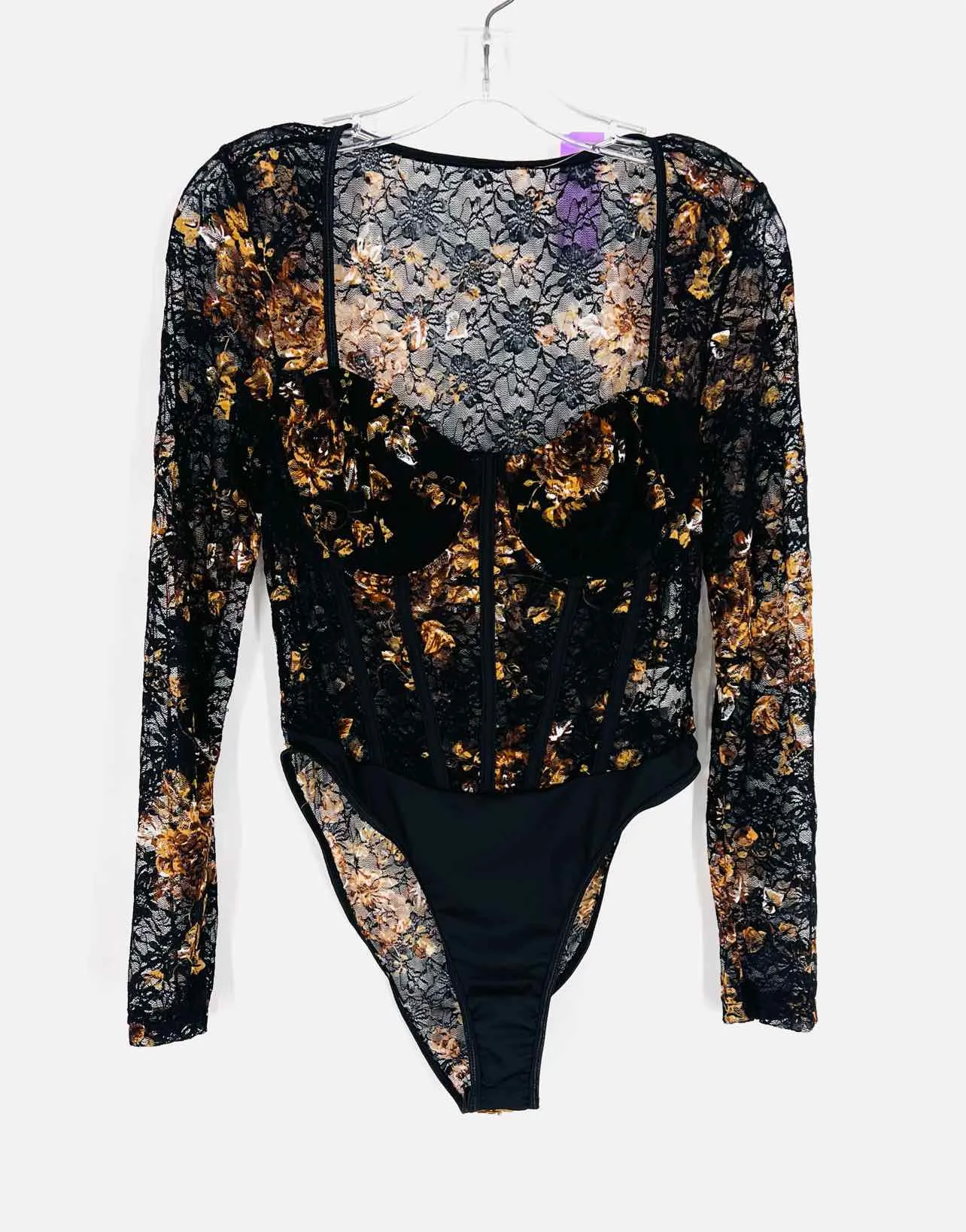 Größe L Bk/Br/Wh Blumen-Spitzen-Top Bodysuit