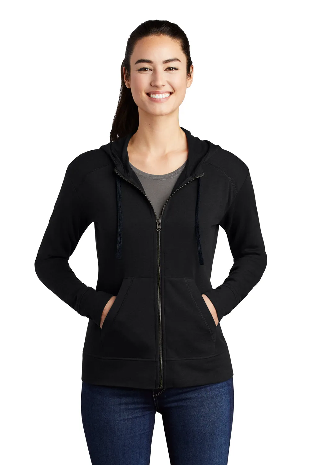 Sport-Tek Damen Feuchtigkeitstransportierende Fleece Kapuzenjacke mit Reißverschluss und Taschen - Schwarz