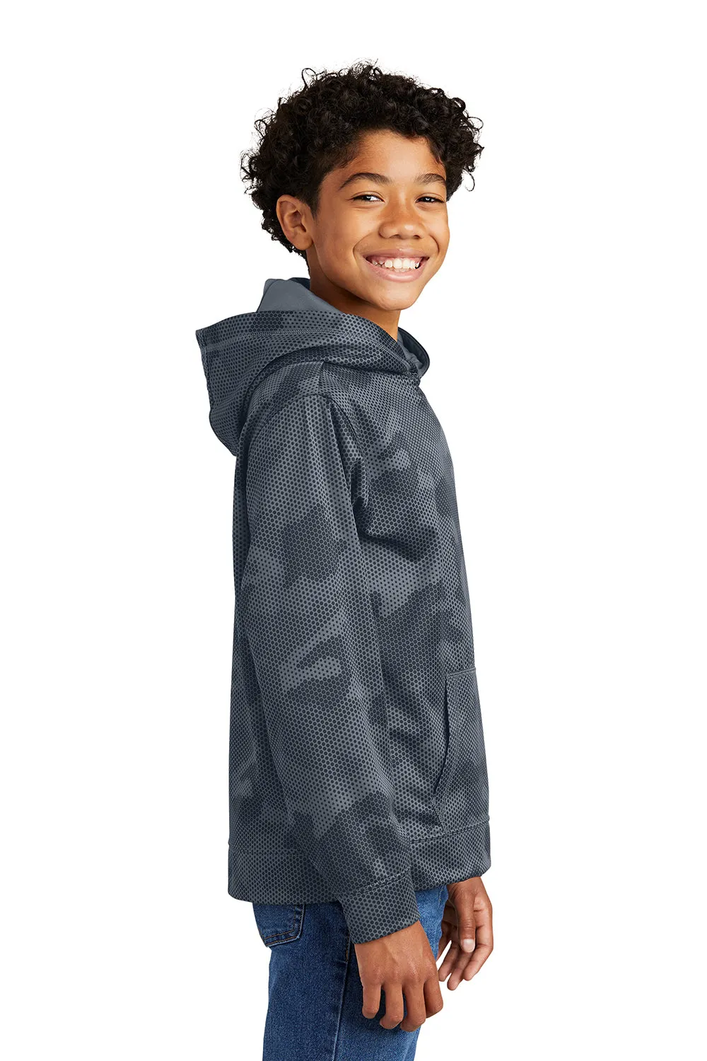Sport-Tek Jugend Sport-Wick CamoHex Feuchtigkeitstransportierender Fleece Kapuzenpullover mit Kangaroo-Tasche - Dunkelrauchgrau
