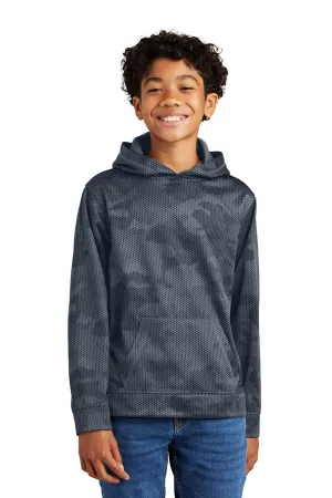 Sport-Tek Jugend Sport-Wick CamoHex Feuchtigkeitstransportierender Fleece Kapuzenpullover mit Kangaroo-Tasche - Dunkelrauchgrau