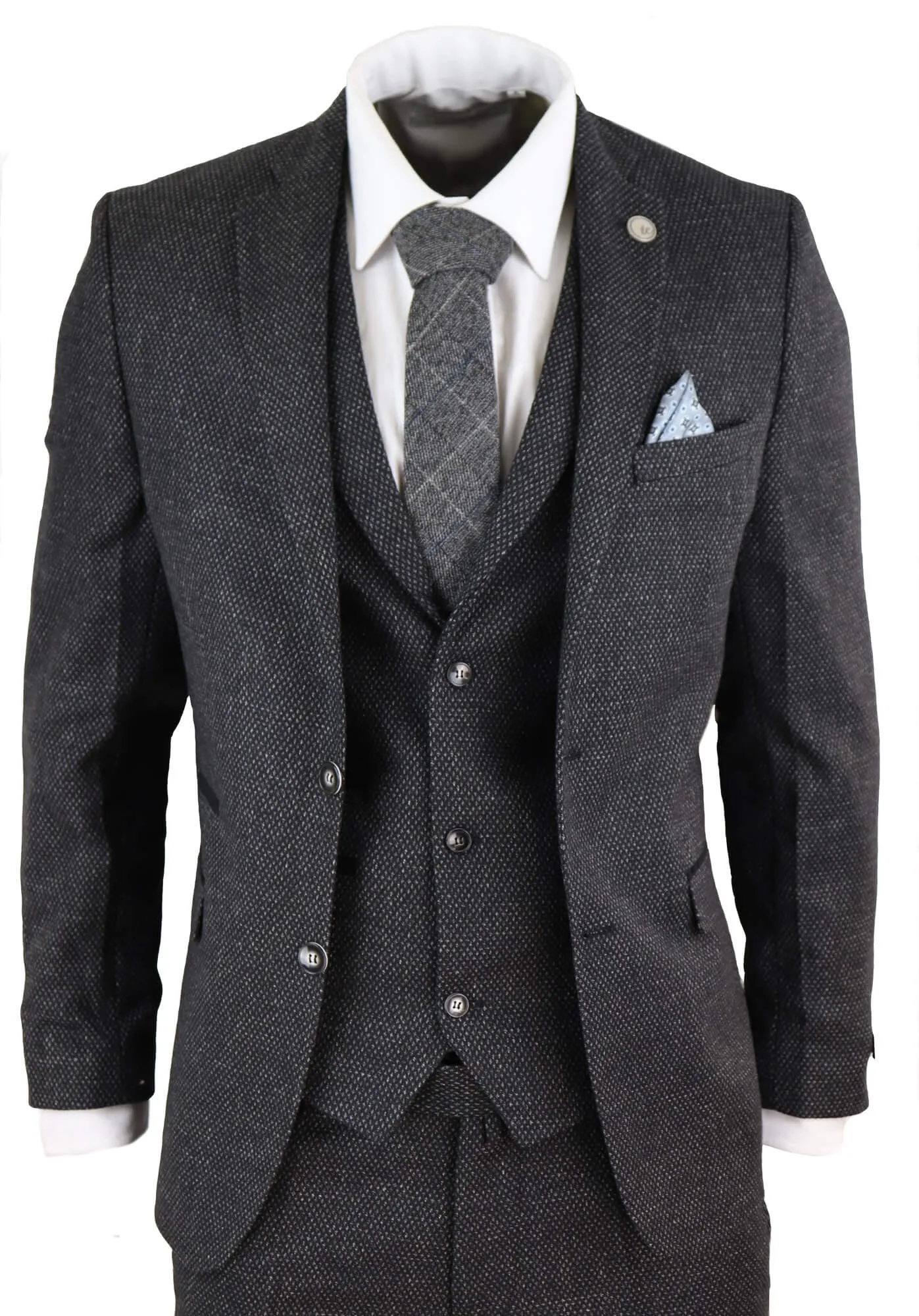 STZ14 Schwarzer Woll-Dreiteiler Tweed-Anzug