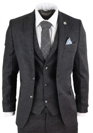 STZ14 Schwarzer Woll-Dreiteiler Tweed-Anzug