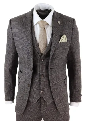 STZ17 Woll-3-teiliger Karoanzug Tweed Braun