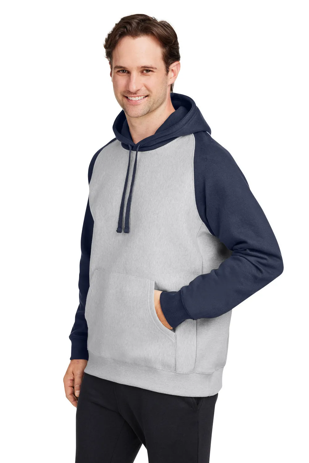 Team 365 Herren Zone HydroSport wasserabweisende Colorblock Kapuzenpullover Hoodie mit Beuteltasche - Heather Grau/Dunkelblau