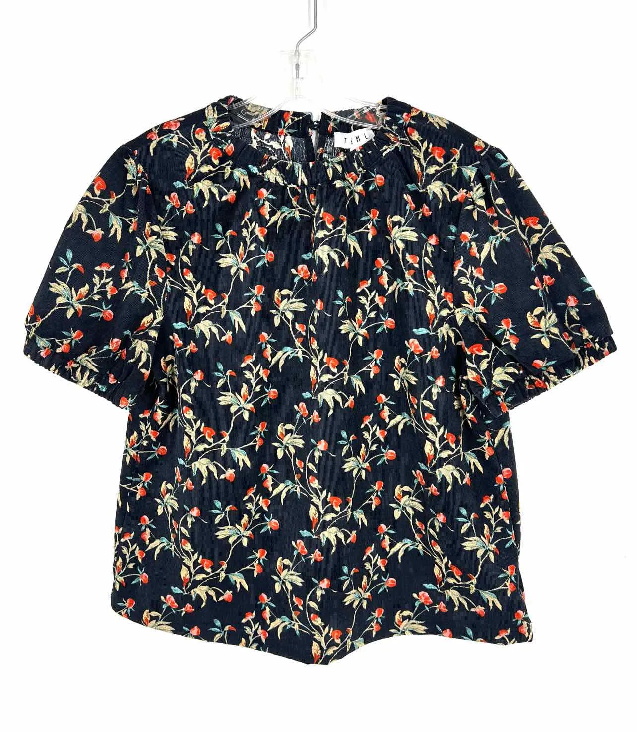 THML Größe S Marineblau/Roségold Blumen-Cordoberteil Kurzarm